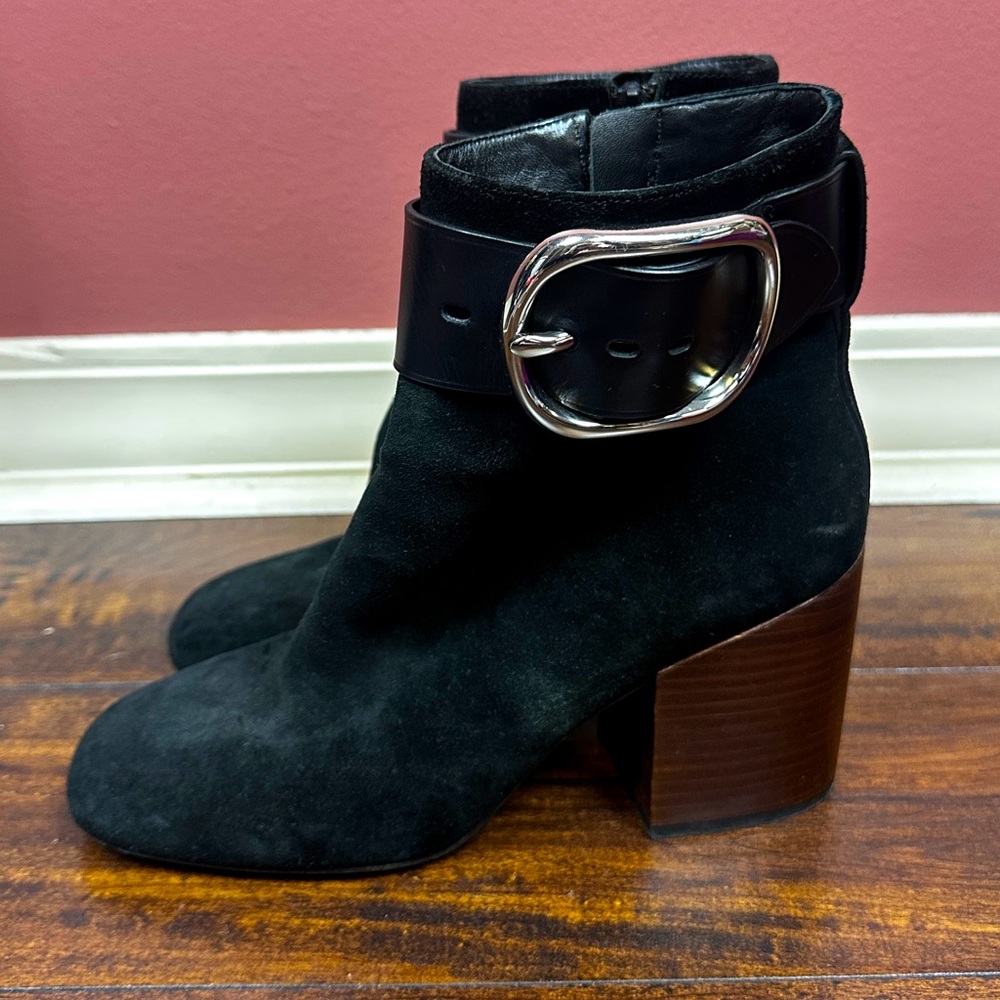 Alexander Wang Kenze black chunky wooden heel bootie size 10 or 40 silver buckle